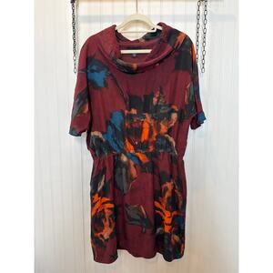 Kenneth Cole Silk Mini Dress Maroon Geometric Floral Vintage Styled Boho Size L